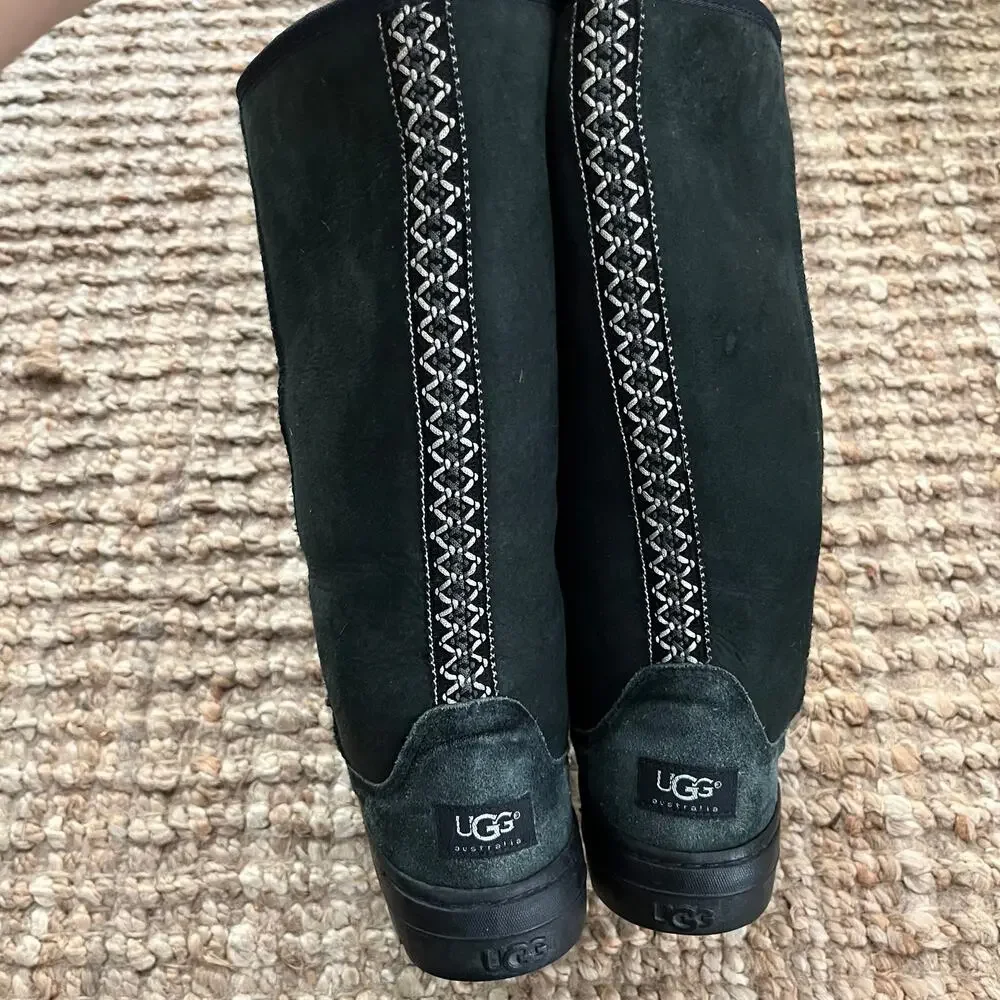 UGG Ultra Tall Revival Boots Black Sheepskin Wool Braid Back Women's 9 12